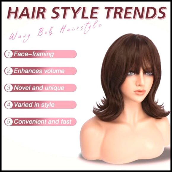 Synthetic Bob Wig with Bangs Wavy Layered Shoulder Length Party Daily Wear main image 4